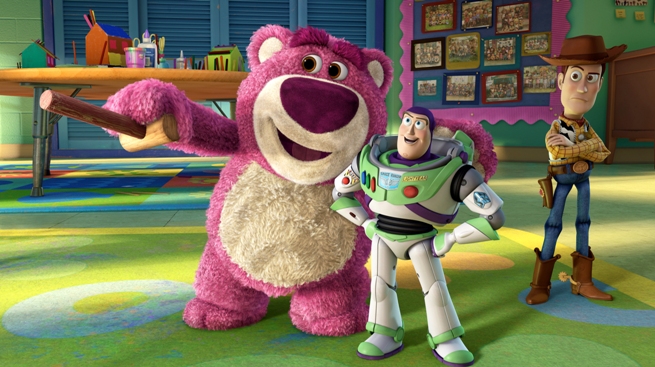 TOY STORY 3 (L-R) Lots-o’-Huggin’ Bear, Buzz Lightyear, Woody ©Disney/Pixar. All Rights Reserved.