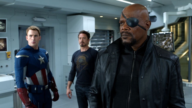 “Marvel's The Avengers” L to R: Captain America (Chris Evans), Tony Stark (Robert Downey Jr.) and Nick Fury (Samuel L. Jackson) Ph: Film Frame © 2011 MVLFFLLC. TM & © 2011 Marvel. All Rights Reserved.